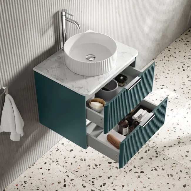Cadiz Fluted Mystic Green Wall Hung Drawer Vanity Marble Top & Nevis Basin 600mm - Chrome Handles