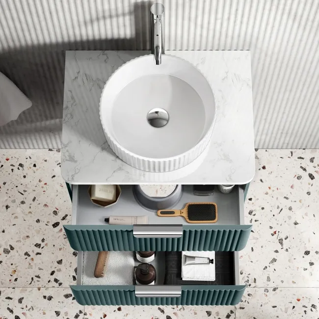Cadiz Fluted Mystic Green Wall Hung Drawer Vanity Marble Top & Nevis Basin 600mm - Chrome Handles