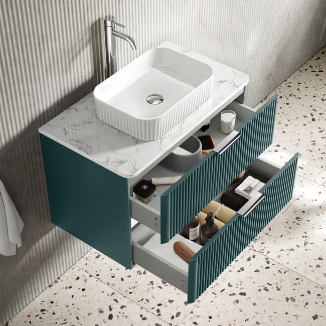 Cadiz Fluted Mystic Green Wall Hung Drawer Vanity Marble Top & Reno Basin 800mm - Chrome Handles