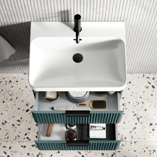 Cadiz Fluted Mystic Green Wall Hung Basin Drawer Vanity 600mm - Black Accents