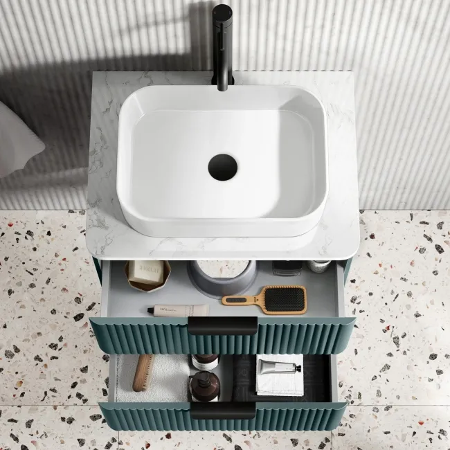 Cadiz Fluted Mystic Green Wall Hung Drawer Vanity Marble Top & Marin Basin 600mm - Black Accents