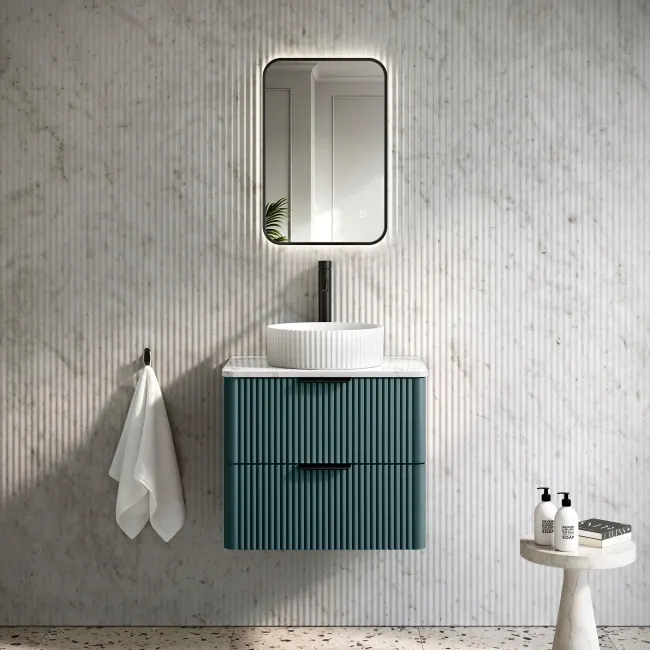 Cadiz Fluted Mystic Green Wall Hung Drawer Vanity Marble Top & Nevis Basin 600mm - Black Accents