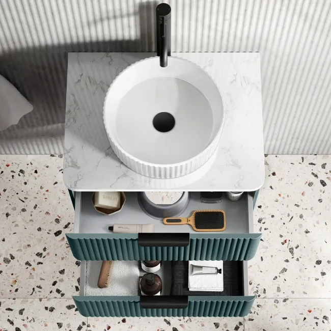Cadiz Fluted Mystic Green Wall Hung Drawer Vanity Marble Top & Nevis Basin 600mm - Black Accents