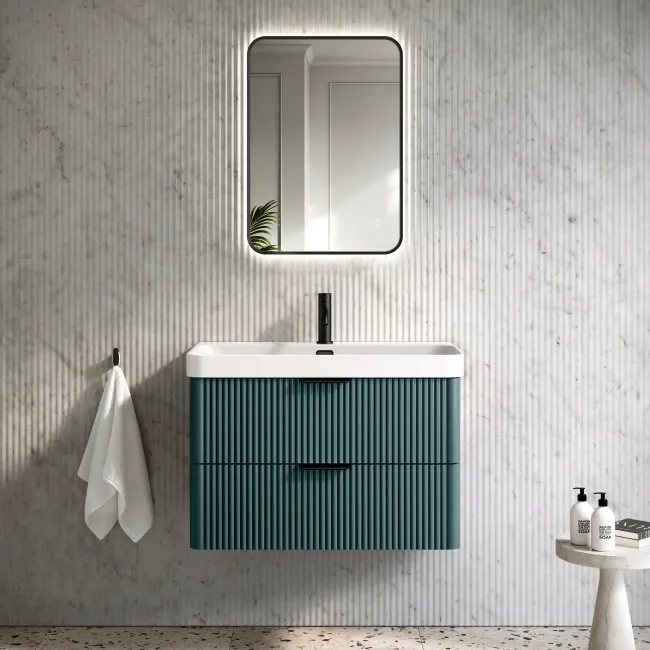 Cadiz Fluted Mystic Green Wall Hung Basin Drawer Vanity 800mm - Black Accents