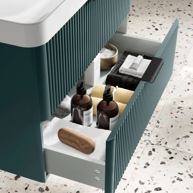 Cadiz Fluted Mystic Green Wall Hung Basin Drawer Vanity 800mm - Black Accents
