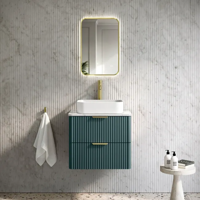 Cadiz Fluted Mystic Green Wall Hung Vanity Marble Top & Marin Basin 600mm - Brushed Brass Accents