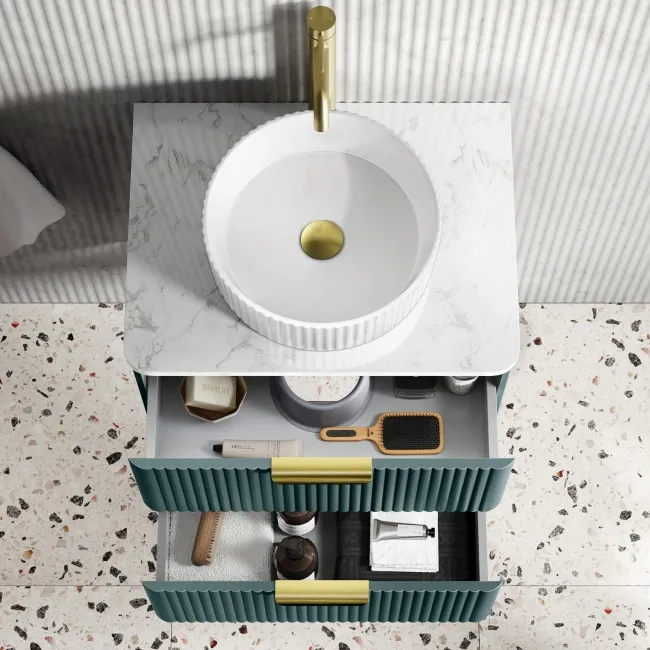 Cadiz Fluted Mystic Green Wall Hung Vanity Marble Top & Nevis Basin 600mm - Brushed Brass Accents