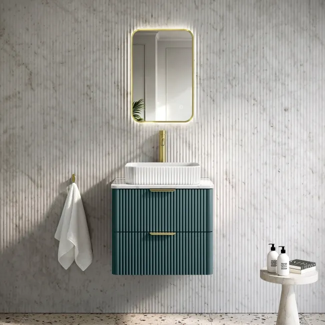 Cadiz Fluted Mystic Green Wall Hung Vanity Marble Top & Reno Basin 600mm - Brushed Brass Accents