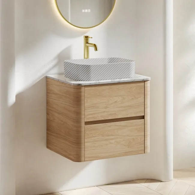 Jerez Country Oak Wall Hung Drawer Vanity with Marble Top 600mm - Excludes Basin