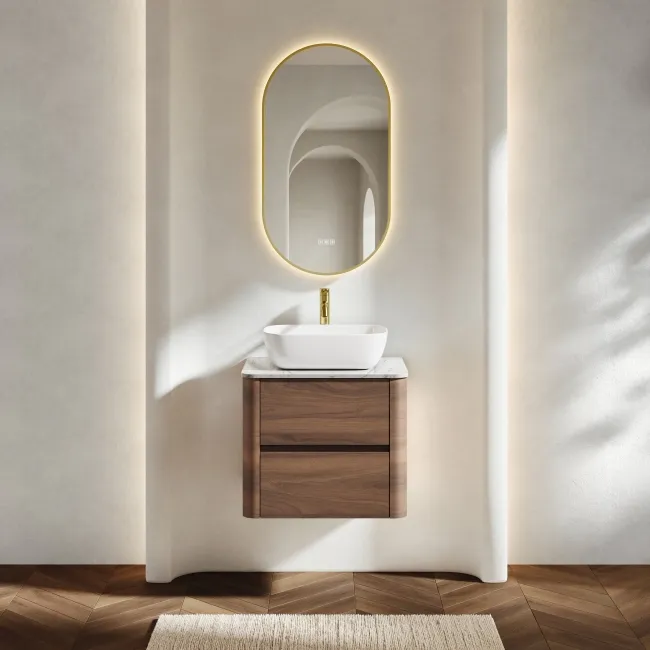 Jerez Black Walnut Wall Hung Drawer Vanity with Marble Top & Curved Basin 600mm