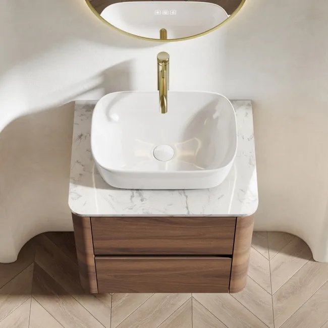 Jerez Black Walnut Wall Hung Drawer Vanity with Marble Top & Curved Basin 600mm