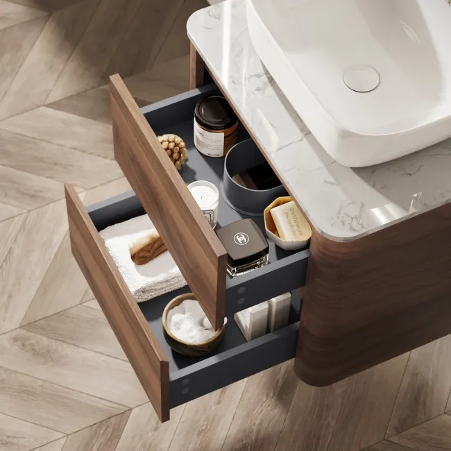 Jerez Black Walnut Wall Hung Drawer Vanity with Marble Top & Curved Basin 600mm