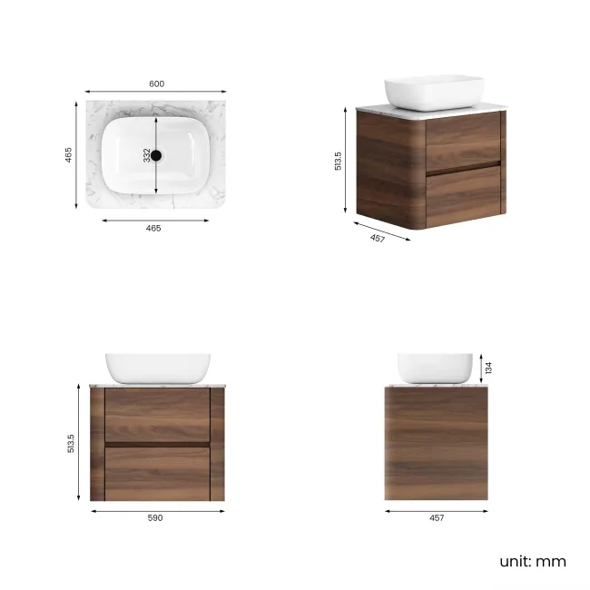 Jerez Black Walnut Wall Hung Drawer Vanity with Marble Top & Curved Basin 600mm