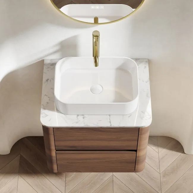 Jerez Black Walnut Wall Hung Drawer Vanity with Marble Top & Marin Basin 600mm