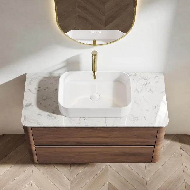 Jerez Black Walnut Wall Hung Drawer Vanity with Marble Top & Marin Basin 1000mm