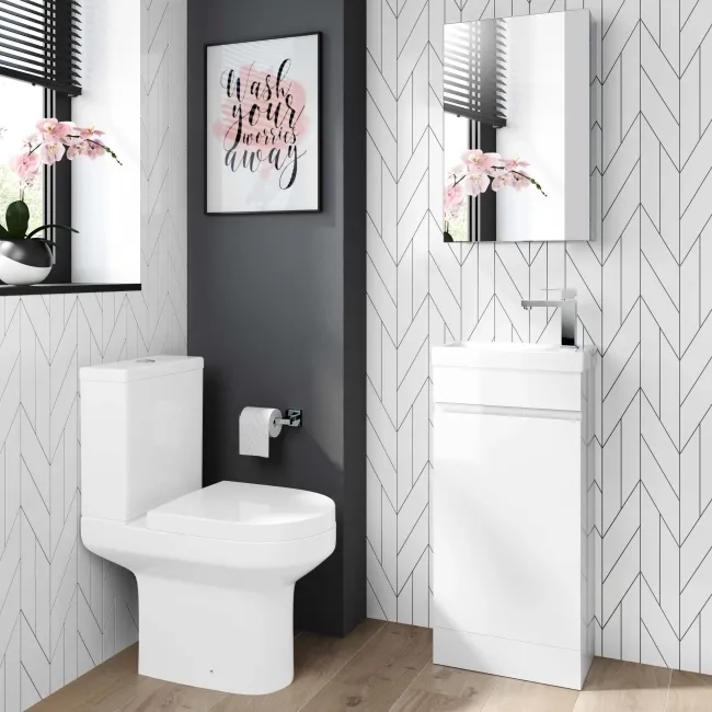 Trent Gloss White Cloakroom Floor Standing Basin Vanity 400mm and Toilet Set