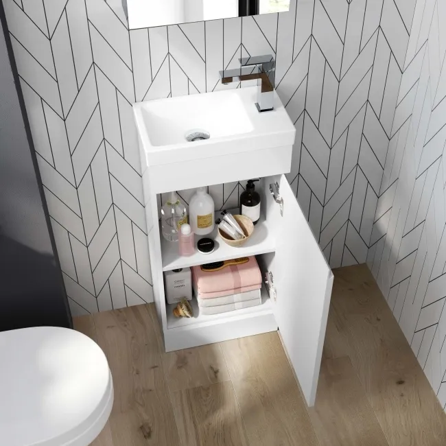 Trent Gloss White Cloakroom Floor Standing Basin Vanity 400mm and Toilet Set