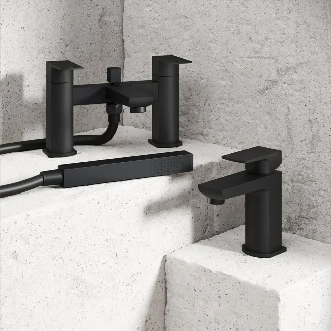 Soar Matt Black Basin & Shower Bath Mixer Tap Set