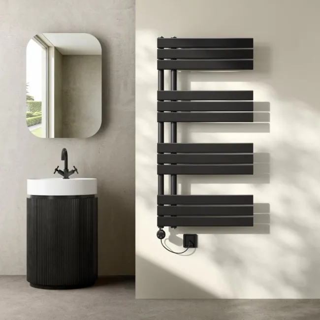 Seville Electric Matt Black Designer Flat Panel Heated Towel Rail 1200x600mm