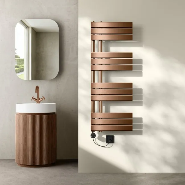 Seville Electric Brushed Copper Designer Flat Panel Heated Towel Rail 1200x450mm