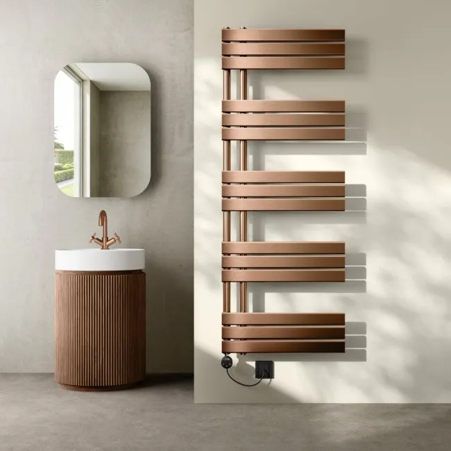 Seville Electric Brushed Copper Designer Flat Panel Heated Towel Rail 1600x600mm
