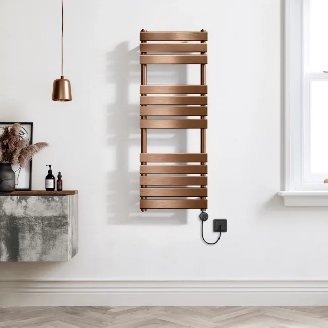 Santorini Electric Brushed Copper Flat Panel Heated Towel Rail 1200x450mm