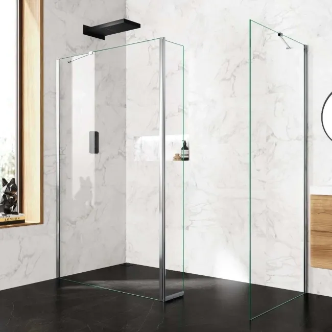 Copenhagen Easy Clean 8mm Walk In Shower Enclosure 1200mm & 900mm Glass with Pivotal Return Panel