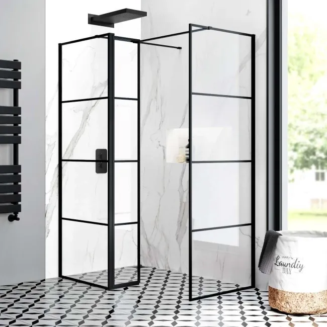 Munich Matt Black Grid 8mm Walk In Shower Enclosure 700mm & 700mm Glass with Pivotal Return Panel