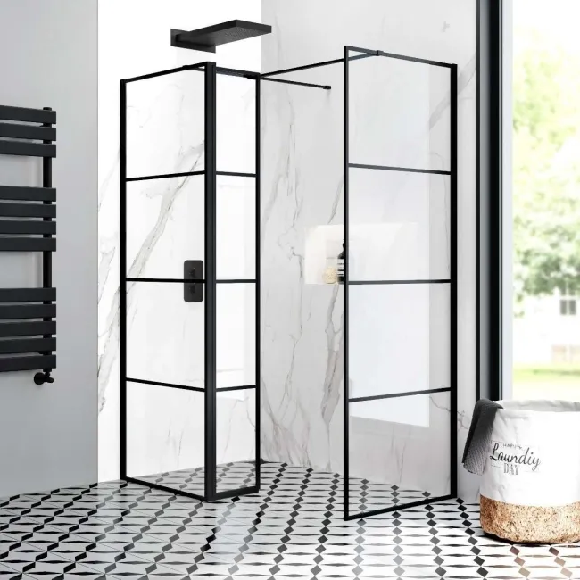 Munich Matt Black Grid 8mm Walk In Shower Enclosure 700mm & 800mm Glass with Pivotal Return Panel
