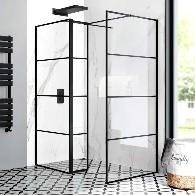 Munich Matt Black Grid 8mm Walk In Shower Enclosure 800mm & 900mm Glass with Pivotal Return Panel