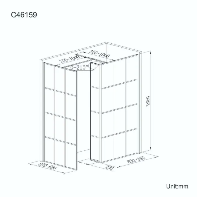 Munich Matt Black Grid 8mm Walk In Shower Enclosure 900mm & 700mm Glass with Pivotal Return Panel