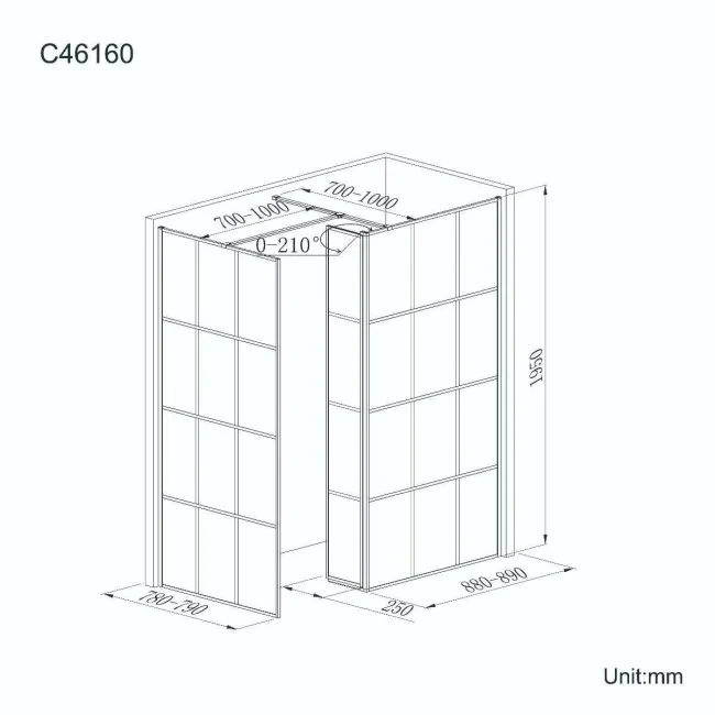 Munich Matt Black Grid 8mm Walk In Shower Enclosure 900mm & 800mm Glass with Pivotal Return Panel