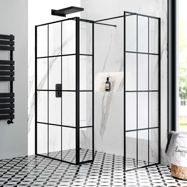 Munich Matt Black Grid 8mm Walk In Shower Enclosure 1000mm & 700mm Glass with Pivotal Return Panel