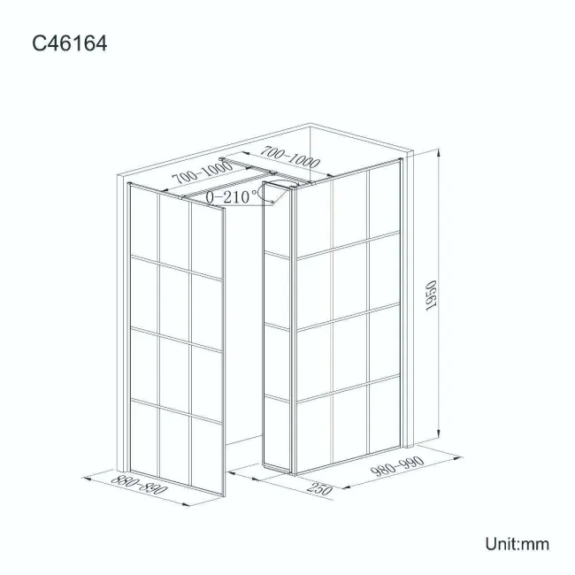 Munich Matt Black Grid 8mm Walk In Shower Enclosure 1000mm & 900mm Glass with Pivotal Return Panel