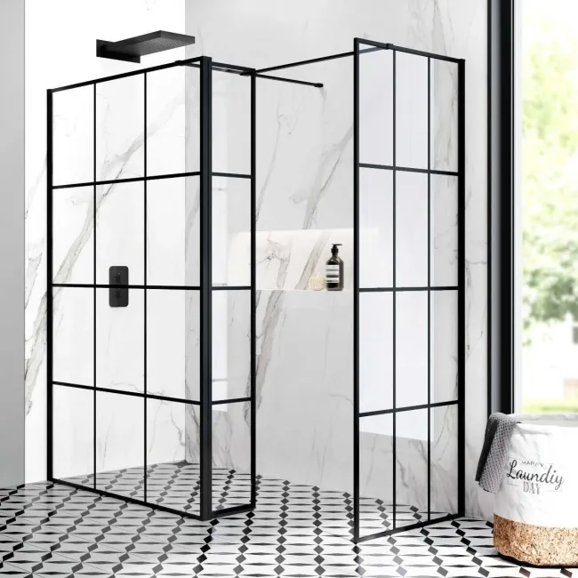 Munich Matt Black Grid 8mm Walk In Shower Enclosure 1200mm & 800mm Glass with Pivotal Return Panel