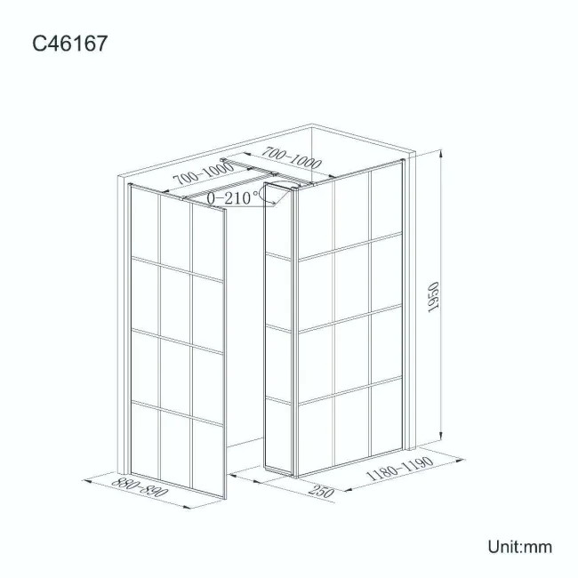 Munich Matt Black Grid 8mm Walk In Shower Enclosure 1200mm & 900mm Glass with Pivotal Return Panel