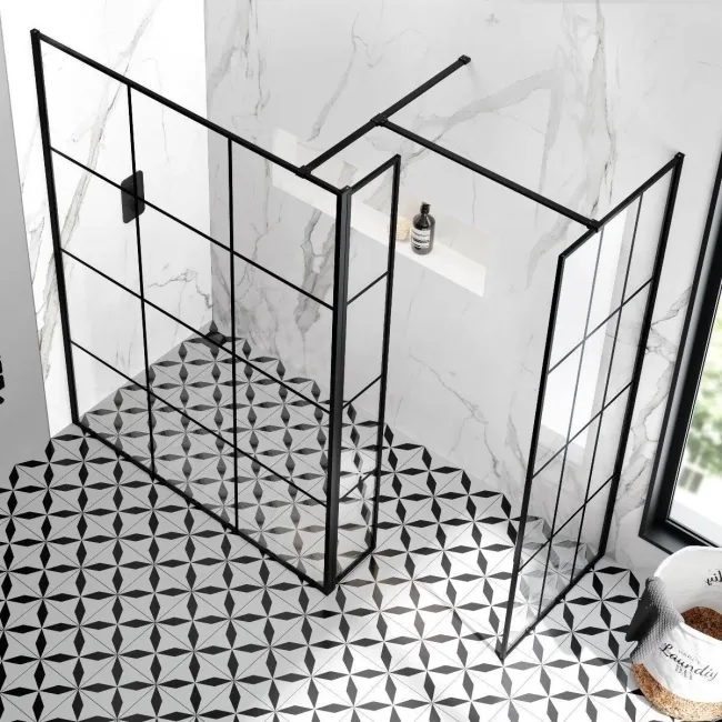 Munich Matt Black Grid 8mm Walk In Shower Enclosure 1400mm & 800mm Glass with Pivotal Return Panel