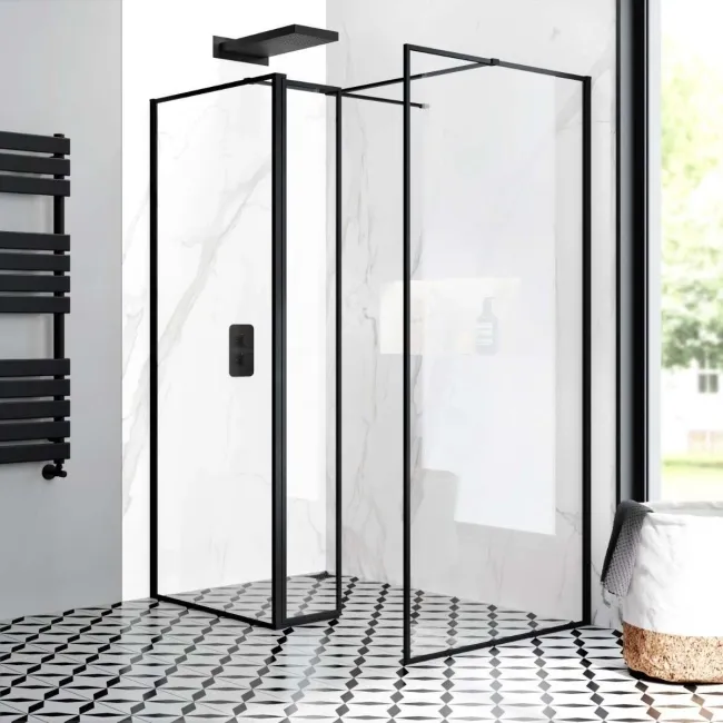 Munich Matt Black Framed 8mm Walk In Shower Enclosure 800mm & 900mm Glass with Pivotal Return Panel
