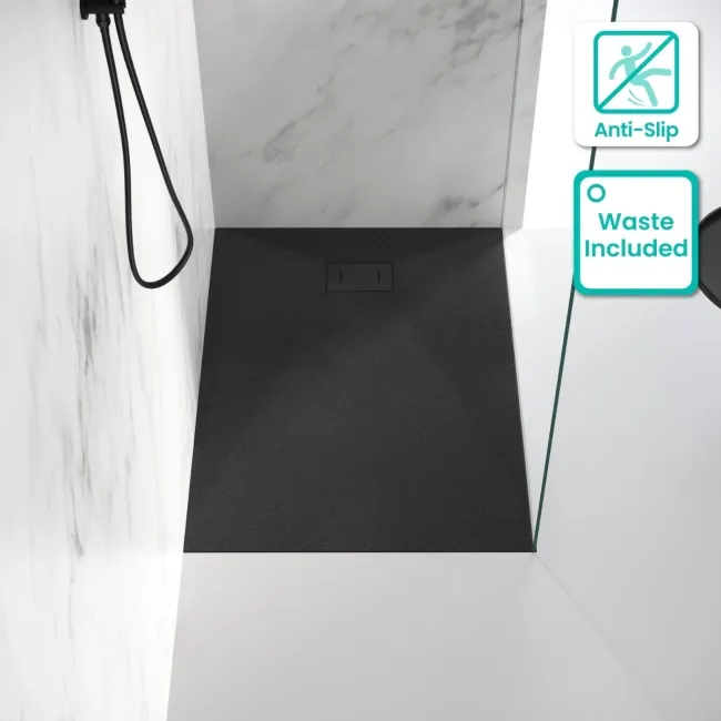 Berlin Rectangular Matt Black Slate Effect SMC Composite Shower Tray 1200x900mm