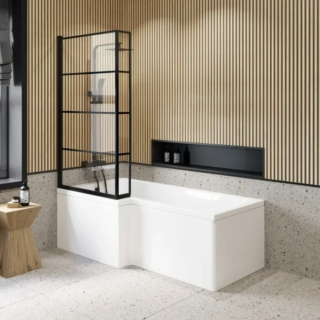Zurich Easy Clean Matt Black Grid L Shaped Bath Screen - 800mm