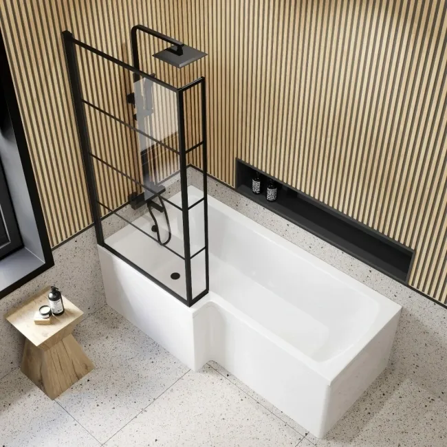 Zurich Easy Clean Matt Black Grid L Shaped Bath Screen - 800mm