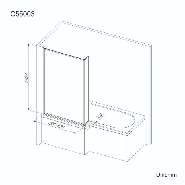 Zurich Easy Clean Matt Black Framed L Shaped Bath Screen - 800mm