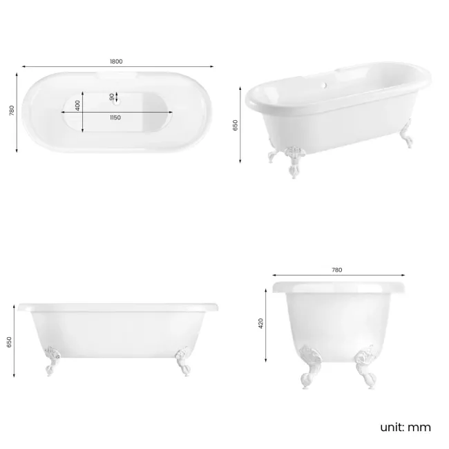 Grosvenor 1800mm Roll Top Bath - White Ball Feet