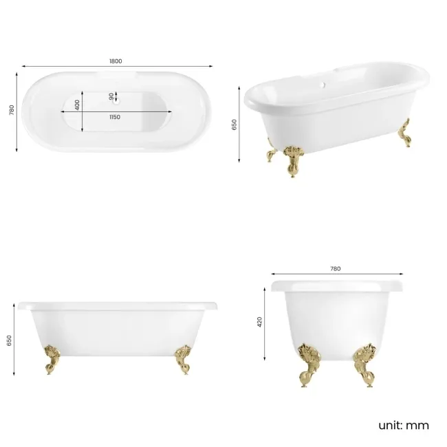 Grosvenor 1800mm Roll Top Bath - Brushed Brass Ball Feet