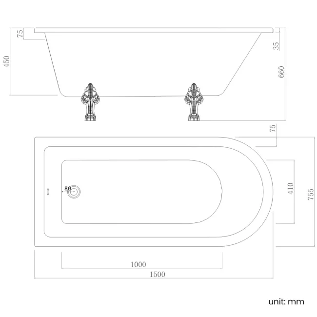 Abingdon 1500mm Single Ended Roll Top Bath - Grey Feet
