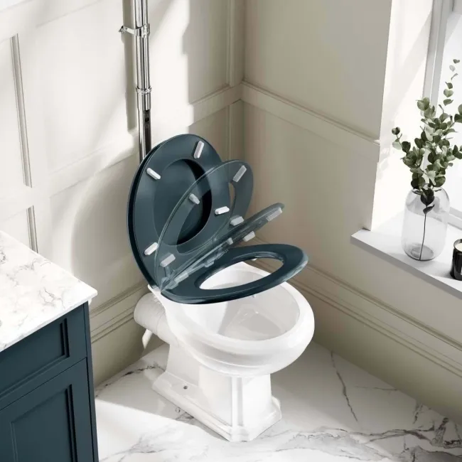 Hudson Traditional Toilet With High-Level Cistern and Inky Blue Wooden Seat
