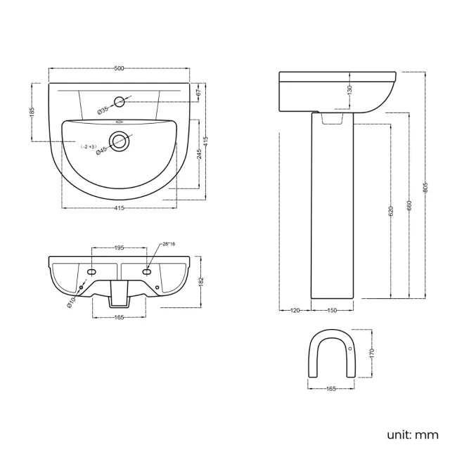 Opel Pedestal Basin 500mm