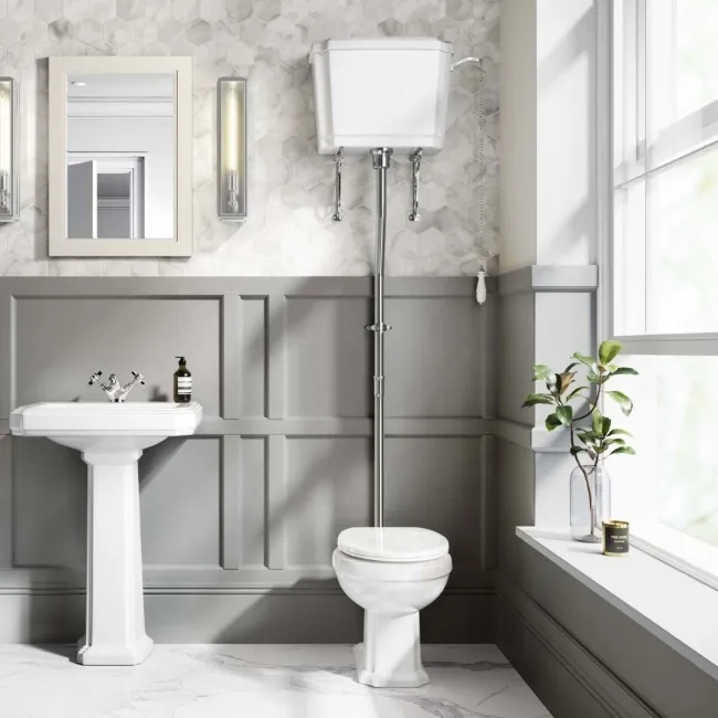 Hudson Traditional Close Coupled Toilet High-Level Cistern & Pedestal Basin Set Single Tap Hole