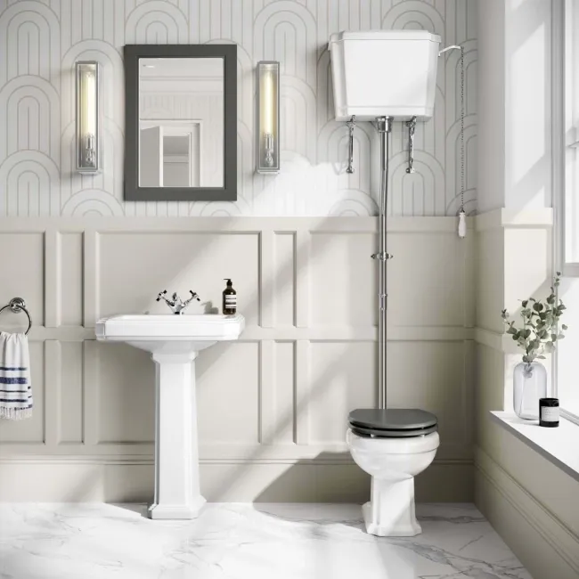 Hudson Traditional High-Level Toilet With Graphite Grey Seat & Pedestal Basin - Single Tap Hole