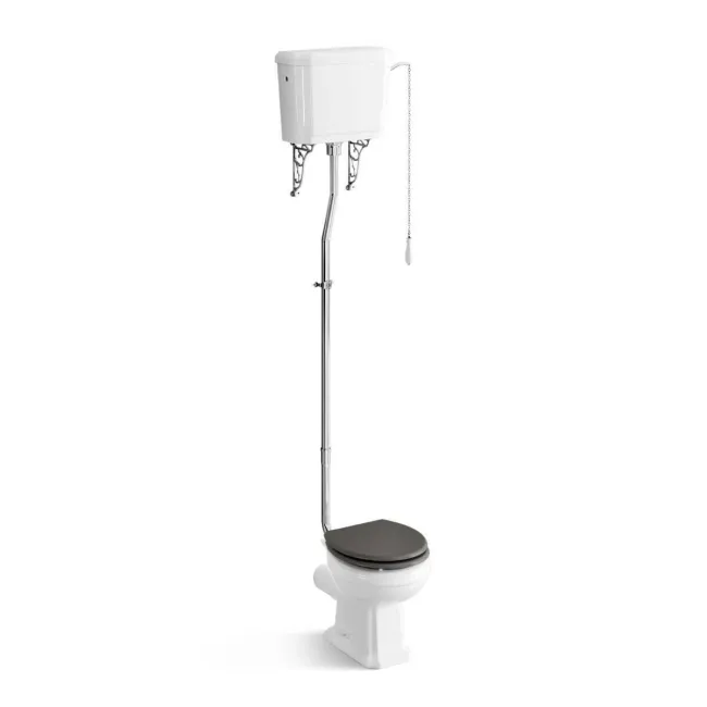 Hudson Traditional High-Level Toilet With Graphite Grey Seat & Pedestal Basin - Double Tap Hole